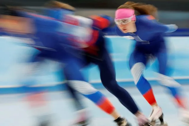Athletes of the Russian Olympic Committee trains at the National Speed Skating Oval in Beijing, China on February 3, 2022. (Photo by Susana Vera/Reuters)