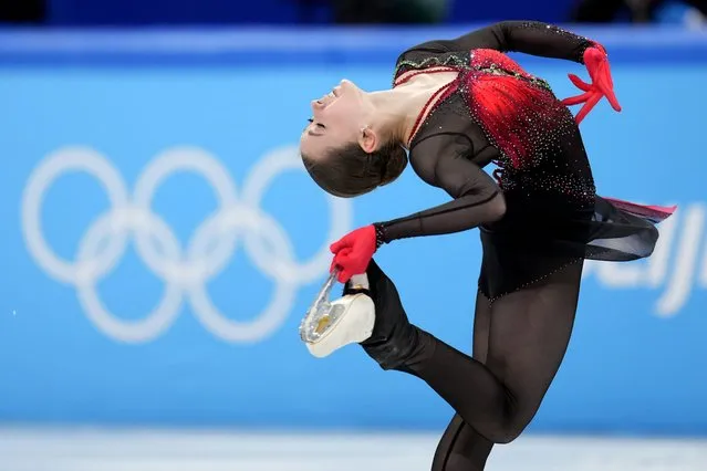 Kamila Valieva, of the Russian Olympic Committee, competes in the women's team free skate program during the figure skating competition at the 2022 Winter Olympics, Monday, February 7, 2022, in Beijing. (Photo by Natacha Pisarenko/AP Photo)