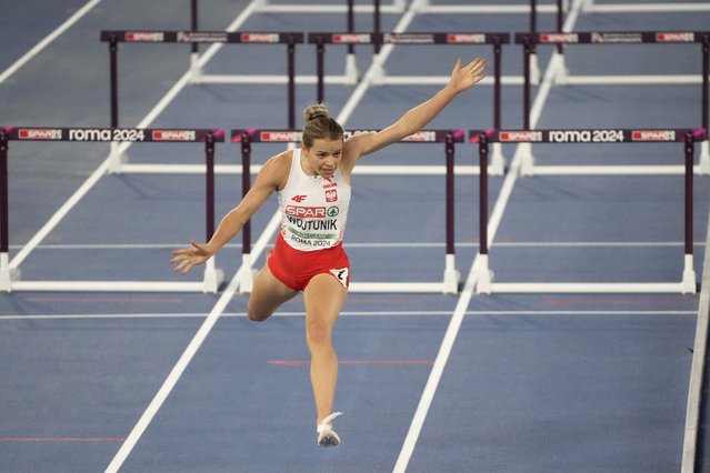Klaudia Wojtunik, of Poland, finishes her women's 100 meters hurdles heat to qualify for the semifinals after running it by herself at the the European Athletics Championships in Rome, Friday, June 7, 2024. Wojtunik won an appeal after being disqualified for a false start earlier in the day. (Photo by Gregorio Borgia/AP Photo)