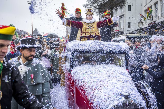 City prince Stefan I on his way to the key transfer for carnival, in Maastricht, The Netherlands, 18 February 2023. City prince Stefan I symbolically gains power over the city for three days during carnival. (Photo by Marcel van Hoorn/EPA)