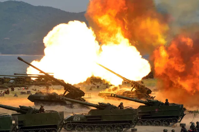 This photo distributed on Wednesday, April 26, 2017, by the North Korean government, shows what was said to be a “Combined Fire Demonstration” held to celebrate the 85th anniversary of the North Korean army, in North Korea. Independent journalists were not given access to cover the event depicted in this image distributed by the Korean Central News Agency via Korea News Service. (Photo by Korean Central News Agency/Korea News Service via AP Photo)