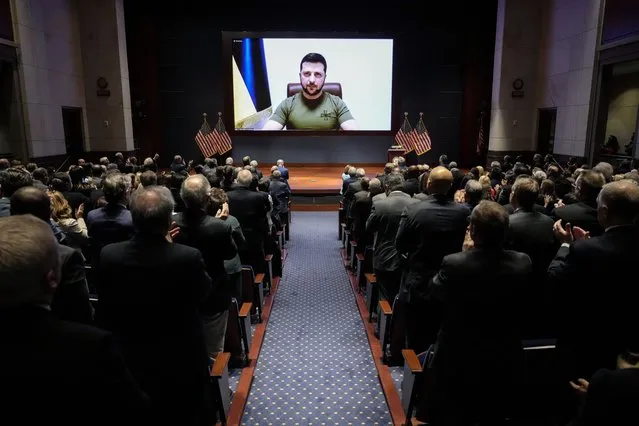Ukrainian President Volodymyr Zelenskyy delivers a virtual address to Congress by video at the Capitol in Washington, Wednesday, March 16, 2022. (Photo by Drew Angerer, Pool via AP Photo)