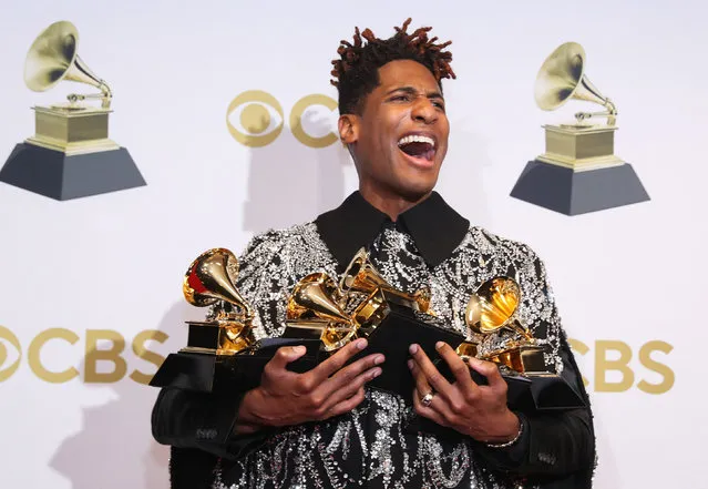 American singer Jon Batiste winner of best American roots performance, best American roots song, best music video and best score soundtrack for visual media poses in the winners photo room during the 64th Annual GRAMMY Awards at MGM Grand Garden Arena on April 03, 2022 in Las Vegas, Nevada. (Photo by Steve Marcus/Reuters)