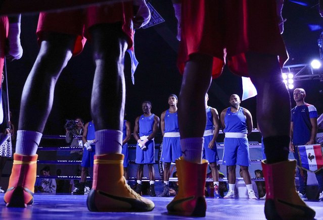 French boxers line up facing their Cuban opponents at the start of their exhibition boxing matches, in Varadero, Cuba, April 5, 2024. (Photo by Ramon Espinosa/AP Photo)