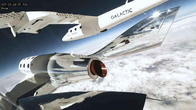 This Thursday, June 29, 2023, image provided by Virgin Galactic shows the Virgin Galactic's rocket-powered spaceplane during a research flight before gliding back down to Spaceport America in southern New Mexico. With the research flight complete, Virgin Galactic plans to begin commercial flights with paying ticket holders in August. (Photo by Virgin Galactic via AP Photo)