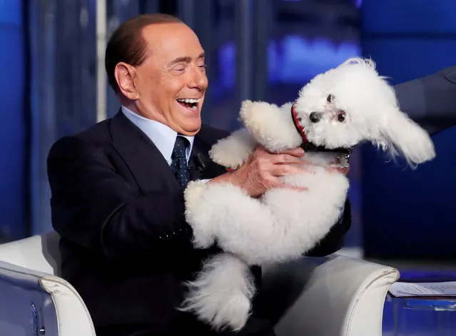 Italy's former Prime Minister Silvio Berlusconi plays with a dog during the television talk show “Porta a Porta” (Door to Door) in Rome, Italy June 21, 2017. (Photo by Remo Casilli/Reuters)