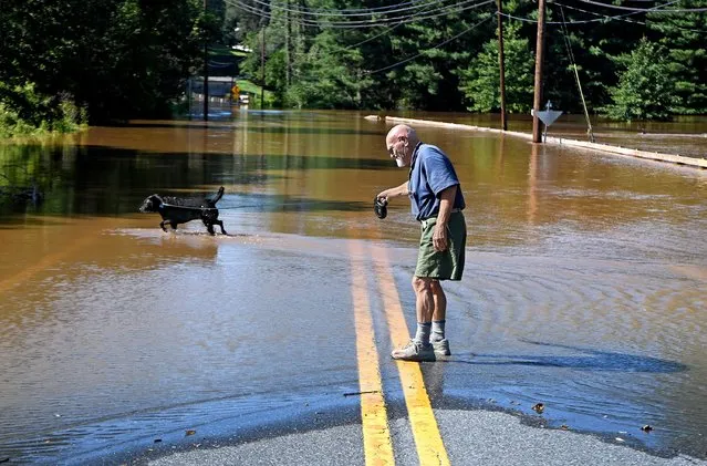 Dan Bailey walks his dog Lola at the edge of the flooded Michaels Mill Road in Buckeystown, Maryland on Thursday, September 02, 2021. The nearby Monocacy River overflowed the banks and flooded the road that leads into Buckeystown as well as all of Buckeystown Park at right. He's a long time resident and said that he had not seen flooding this bad on this road since 1996.(Photo by Michael S. Williamson/The Washington Post)