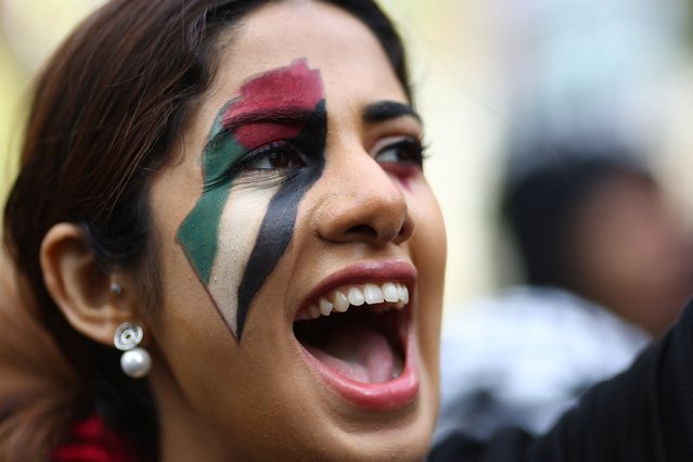 A woman yells, at a protest in solidarity with Palestinians in Gaza, amid the ongoing conflict between Israel and the Palestinian Islamist group Hamas, in London, Britain on October 21, 2023. (Photo by Hannah McKay/Reuters)