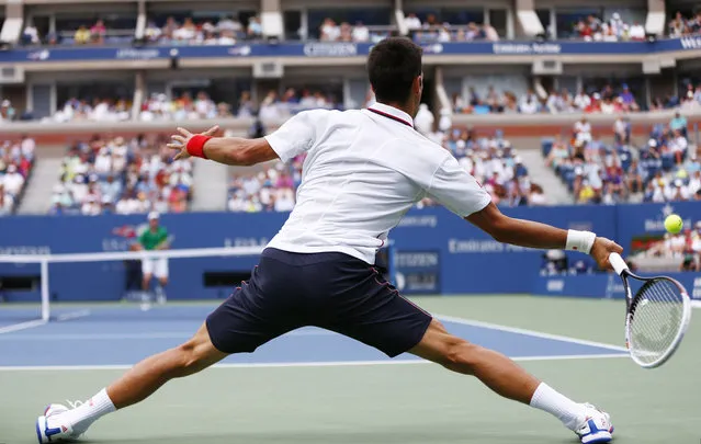 Novak Djokovic, of Serbia, returns a shot against Sam Querrey, of the United States, during the third round of the 2014 U.S. Open tennis tournament, Saturday, August 30, 2014, in New York. (Photo by Matt Rourke/AP Photo)