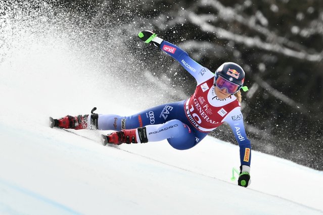 Italy's Sofia Goggia competes during the Women's Super G replacing St Moritz event of FIS Alpine Skiing World Cup in La Thuile, Italy on March 14, 2025. (Photo by Marco Bertorello/AFP Photo)