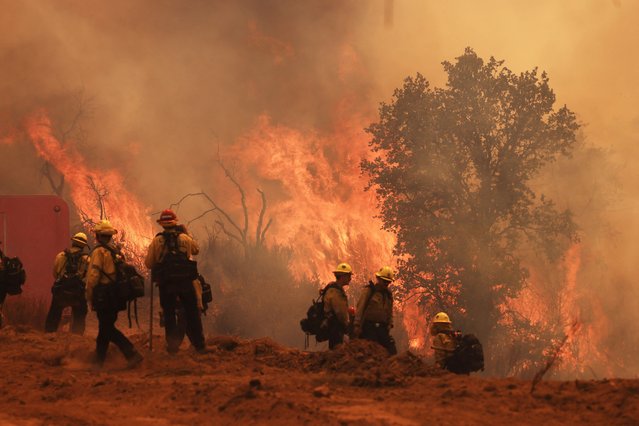 Flames rise as firefighters battle the Gifford Fire in brush-covered hillsides west of New Cuyama, California, U.S. August 4, 2025. (Photo by David Swanson/Reuters)