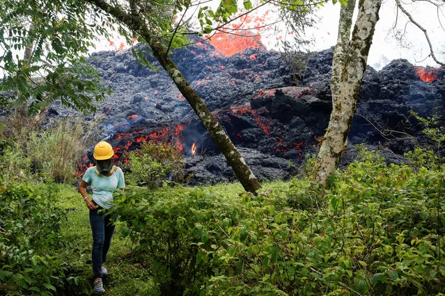 An onlooker watches as lava erupts from a fissure east of the Leilani Estates subdivision during ongoing eruptions of the Kilauea Volcano, U.S., May 12, 2018. (Photo by Terray Sylvester/Reuters)