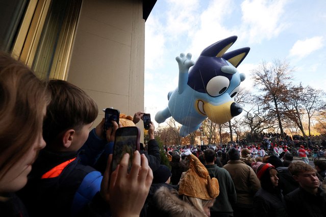 People take pictures as the Bluey balloon flies during the Macy's Thanksgiving Day Parade 2025, in New York City, U.S., November 27, 2025. (Photo by Brendan McDermid/Reuters)