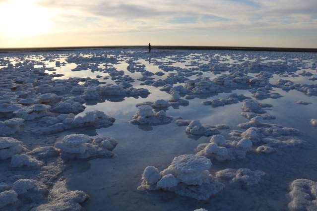 A man walks amid the salt masses formed in Lake Tuz (Lake Salt) in Aksaray, Turkiye on November 19, 2025. (Photo by Haci Ozkan/Anadolu via Getty Images)