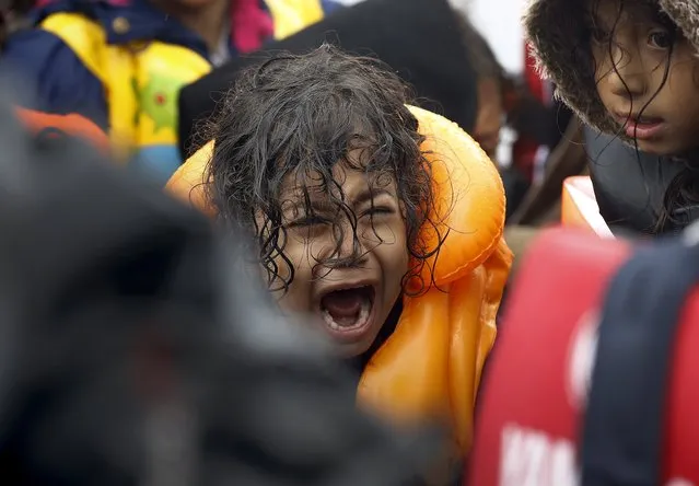 A Syrian refugee child screams inside an overcrowded dinghy after crossing part of the Aegean Sea from Turkey to the Greek island of Lesbos September 23, 2015. (Photo by Yannis Behrakis/Reuters)