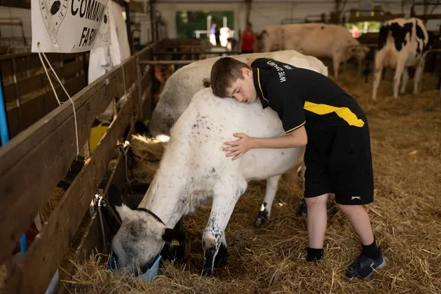 A young farmer embraces a cow ahead of the second day of the Kent Country Show on July 08, 2023 in Maidstone, England. The three day show is the region’s showcase event for farming, agriculture and countryside and is organised by the Kent County Agricultural Society. (Photo by Dan Kitwood/Getty Images)