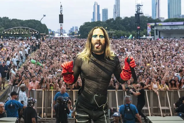 American actor and musician Jared Leto of Thirty Seconds to Mars performs during Lollapalooza at Grant Park on August 04, 2023 in Chicago, Illinois. (Photo by Erika Goldring/WireImage)