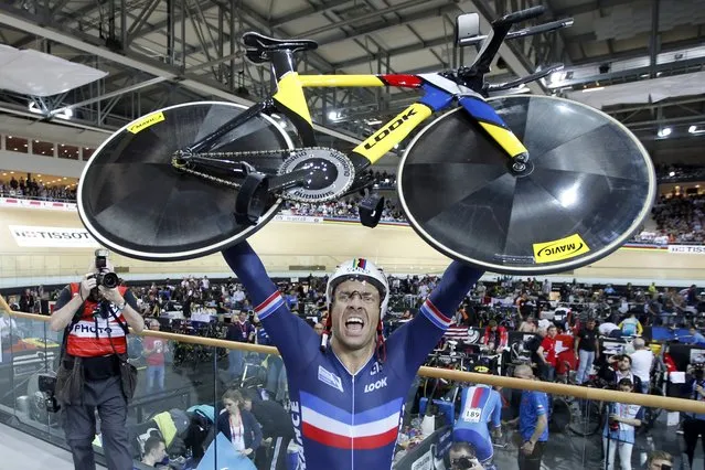 Francois Pervis of France reacts after winning the Men's 1km Time Trial final at the UCI Track Cycling World Cup in Saint-Quentin-en-Yvelines, near Paris, February 20, 2015. (Photo by Charles Platiau/Reuters)