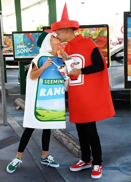 American actress Sarah Hyland and TV personality Wells Adams, in costume as Seemingly Ranch and Ketchup, Kick off Halloween at SONIC with the New Trick or Treat Blast Desserts at SONIC Drive-In Restaurant on October 16, 2023 in Duarte, California. (Photo by Sara Jaye/Getty Images for SONIC Drive-In)