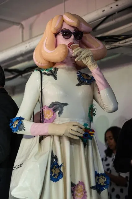A guest in an unusual inflatable outfit attends punk themed “On|Off Presents Punk Diversity” fashion show during London Fashion Week on February 19, 2016 in London, England. (Photo by Chris Ratcliffe/Getty Images)