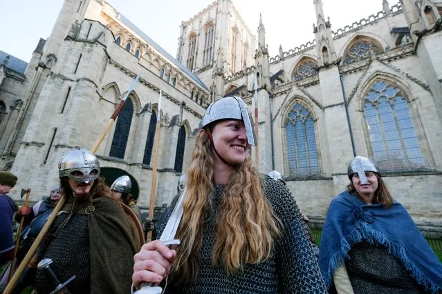 Viking re-enactors prepare to march through York City during the Jorvik Viking Festival on February 23, 2019 in York, England. The annual Jorvik Viking Festival held in York is recognised as the largest event of its kind in Europe. This year the festival remembers the role that the Viking women played during those turbulent times. The festival is a city-wide celebration of York's rich Norse heritage and commemorates a seminal moment in British history, the arrival and conquest of England by the Viking Army in AD 866. A programme of events such as living history encampments, walks, talks, tours and combat performances entertain and educate visitors to the festival. (Photo by Ian Forsyth/Getty Images)