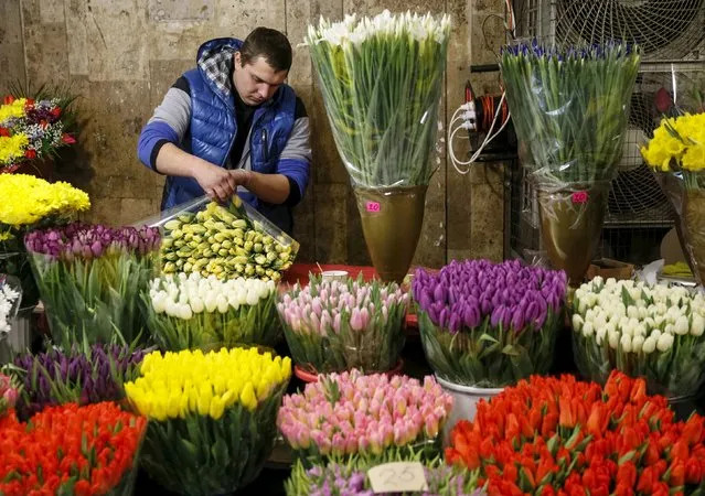 A vendor organizes a bouquet of tulips as he waits for customers at an underpass ahead of International Women's Day in central Kiev, Ukraine, March 4, 2016. (Photo by Valentyn Ogirenko/Reuters)