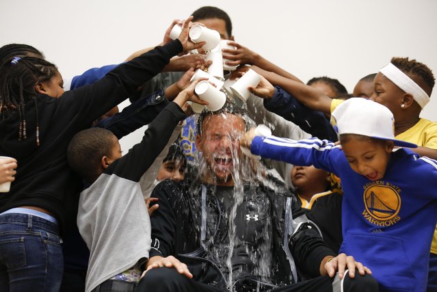 Basketball star and health advocate Stephen Curry teams up with Drink Up and Brita to celebrate his drink of choice, water, at Martin Luther King Jr. Elementary School in Oakland, Calif. on Tuesday, March 8, 2016. (Photo by Adm Golub/Invision for Brita/AP Images)