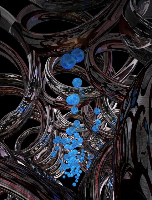 Synthetic DNA channel transporting cargo across membranes. This digital illustration shows the artist’s impression of tube-like channels in a cell membrane that have been constructed by researchers from DNA. The title of the piece references two components of the structure – the channel itself, shown in silver, and substances travelling through the channel, shown in blue. (Photo by Michael Northrop/Wellcome Images)
