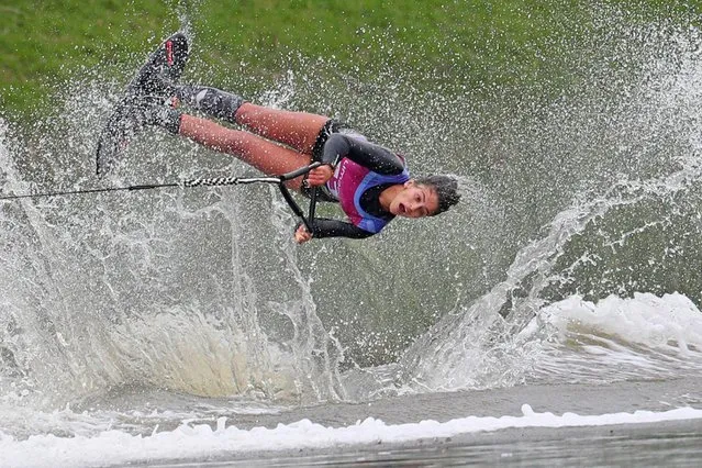 Luisa Jaramillo, of Colombia, competes in the women's tricks waterski final at the Pan American Games in Lima, Peru, Monday, July 29, 2019. (Photo by Juan Karita/AP Photo)