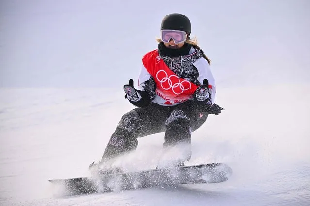 USA's Chloe Kim reacts after her run in the snowboard women's halfpipe final run during the Beijing 2022 Winter Olympic Games at the Genting Snow Park H & S Stadium in Zhangjiakou on February 10, 2022. (Photo by Ben Stansall/AFP Photo)