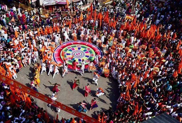 People from Marathi community participate during “Gudi Padwa” celebrations in Mumbai on Tuesday, March 28, 2017. The festival marks the beginning Hindu new year and is widely observed in Maharashtra and Konkan region. (Photo by Santosh Hirlekar/Press Trust of India)