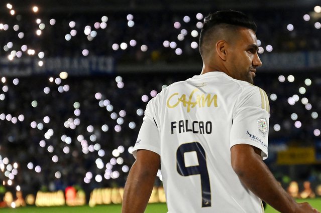 Colombian forward Radamel Falcao Garcia looks on during his presentation to the fans as a new player of Millonarios FC at Nemesio Camacho El Campin Stadium in Bogota on July 16, 2024. (Photo by Raul Arboleda/AFP Photo)