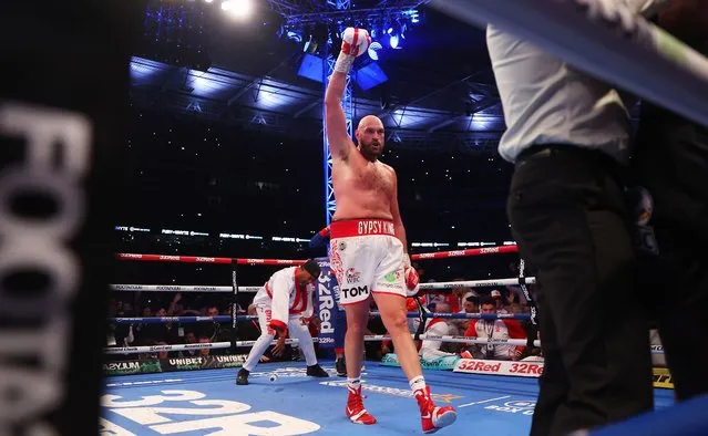 Tyson Fury celebrates victory after the WBC World Heavyweight Title Fight between Tyson Fury and Dillian Whyte at Wembley Stadium on April 23, 2022 in London, England. (Photo by Julian Finney/Getty Images)