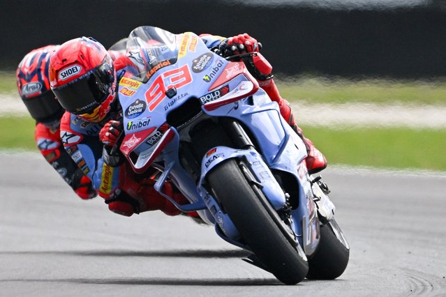 Gresini Racing MotoGP's Spanish rider Marc Marquez powers through a corner during the MotoGP Australian Grand Prix on Phillip Island on October 20, 2024. (Photo by Izhar Khan/AFP Photo)