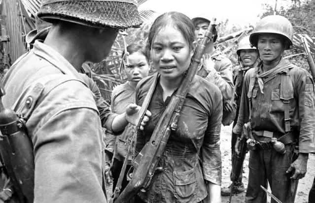 A Russian-made rifle, carried by this woman when she was captured in Nearby Brush, is slung around her neck by South Vietnamese soldiers before they began their interrogation of her as Viet Cong suspect near AP La Ghi in Vietnam, August 25, 1965. The girl behind the woman, also was captured in the brush. (Photo by AP Photo)