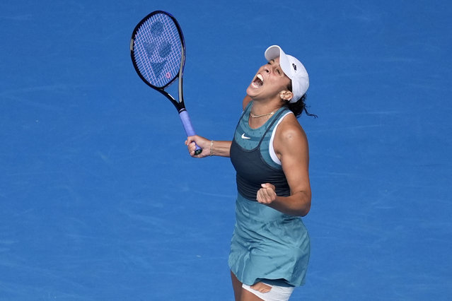 Madison Keys of the U.S. celebrates after defeating Elina Svitolina of Ukraine in their quarterfinal match at the Australian Open tennis championship in Melbourne, Australia, Wednesday, January 22, 2025. (Photo by Asanka Brendon Ratnayake/AP Photo)