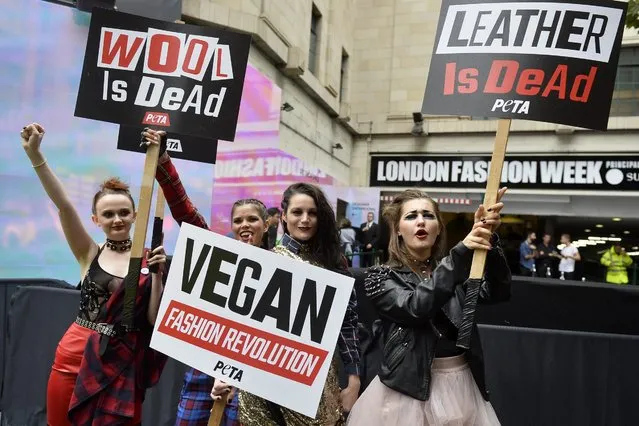 Models protest against the use of fur, leather and wool in a demonstration organised by activists of the “People for the Ethical Treatment of Animals” (PeTA) animals rights organization outside the official opening of the London Fashion Week Spring/Summer 2017, in London, Britain, 16 September 2016. The presentation of the women's collections runs from 16 to 20 September. (Photo by Hannah McKay/EPA)