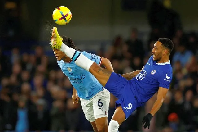 Nathan Ake of Manchester City in action with Pierre-Emerick Aubameyang of Chelsea during the Premier League match between Chelsea FC and Manchester City at Stamford Bridge on January 5, 2023 in London, United Kingdom. (Photo by John Sibley/Action Images via Reuters)