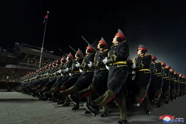 Troops march during a military parade to mark the 75th founding anniversary of North Korea's army, at Kim Il Sung Square in Pyongyang, North Korea on February 8, 2023. (Photo by KCNA via Reuters)