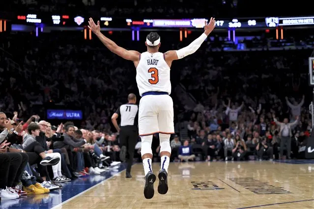 New York Knicks guard Josh Hart (3) reacts after scoring a 3-point basket against the Brooklyn Nets during the second half of an NBA basketball game, Monday, February 13, 2023, in New York. (Photo by Jessie Alcheh/AP Photo)