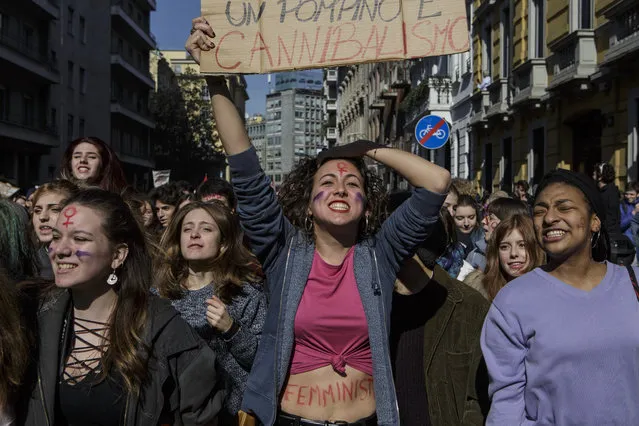Students take part in a rally, demonstrating against gender violence and calling for gender parity on March 8, 2018 in Milan, Italy. (Photo by Emanuele Cremaschi/Getty Images)