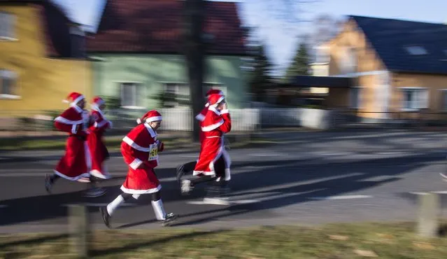 Runners dressed as Father Christmas take part in the Nikolaus Lauf (Santa Claus Run) in the east German town of Michendorf, southwest of Berlin December 7, 2014. (Photo by Hannibal Hanschke/Reuters)