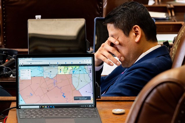 Texas House Democratic Caucus Chair Gene Wu reacts while listening during a House meeting in the State Capitol on August 20, 2025 in Austin, Texas. Texas lawmakers continue convening during a second special session over a newly introduced plan to redraw Texas' congressional maps ahead of the 2026 midterm elections. (Photo by Brandon Bell/Getty Images)