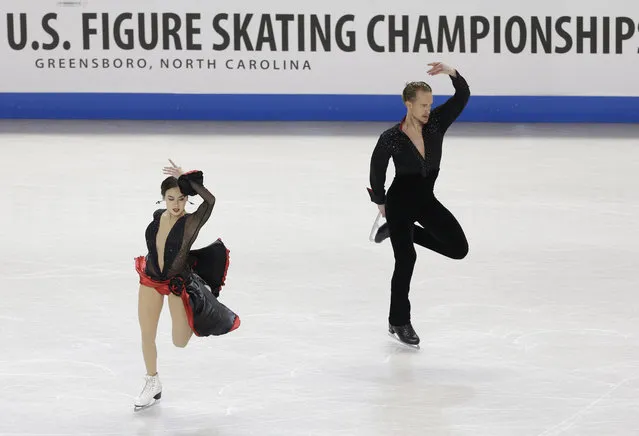 Madison Chock, left, and Evan Bates perform during the short dance program at the U.S. Figure Skating Championships in Greensboro, N.C., Friday, January 23, 2015. (Photo by Chuck Burton/AP Photo)