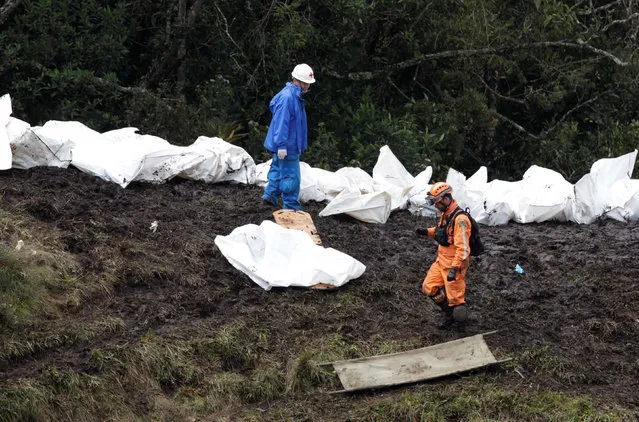 Rescue workers walk next to bodies of victims from the wreckage of a plane that crashed into the Colombian jungle with Brazilian soccer team Chapecoense onboard near Medellin, Colombia, November 29, 2016. (Photo by Jaime Saldarriaga/Reuters)