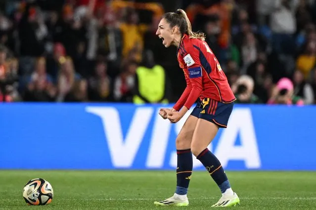Spain's defender #19 Olga Carmona celebrates scoring her team's first goal during the Australia and New Zealand 2023 Women's World Cup final football match between Spain and England at Stadium Australia in Sydney on August 20, 2023. (Photo by William West/AFP Photo)