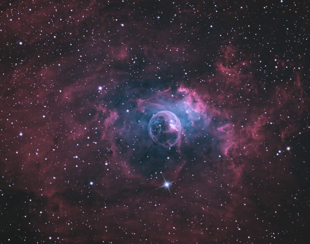 NGC7635 The Bubble Nebula also known as Sharpless 162, and Caldwell 11, is approximately 7800 light years from earth. It is about 6 light years in diameter. NGC7635  lies in the constellation Cassiopeia. The powerful stellar winds from a Wolf-Rayet Star create the sphericial bubble. A Wolf-Rayet Star is an unusually powerful star, discovered by astronomers Charles Wolf and Georges Rayet. (Bill Snyder)