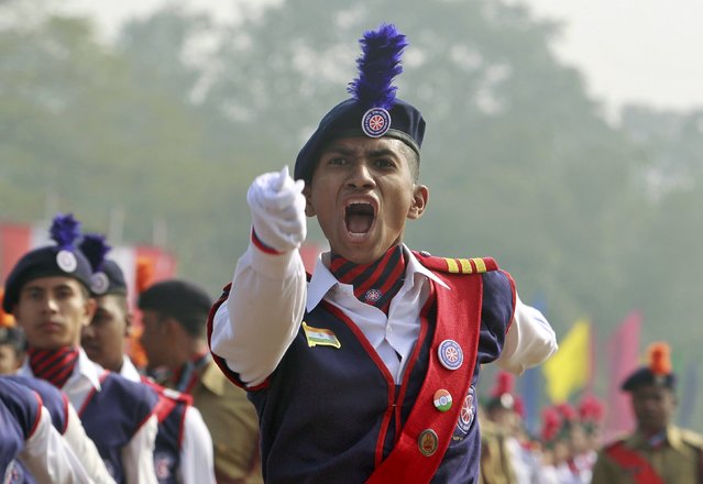 A member of National Service Scheme shouts commands as he takes part in the Republic Day parade in Agartala, India, January 26, 2016. (Photo by Jayanta Dey/Reuters)