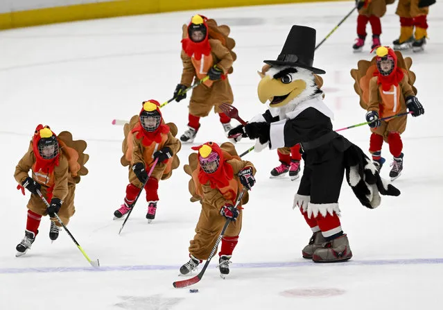 Youth hockey players compete in between periods dressed as Turkeys at the Buffalo Sabres Washington Capitals game the night before Thanksgiving at Capital One Arena on November 22, 2023. (Photo by Jonathan Newton/The Washington Post)
