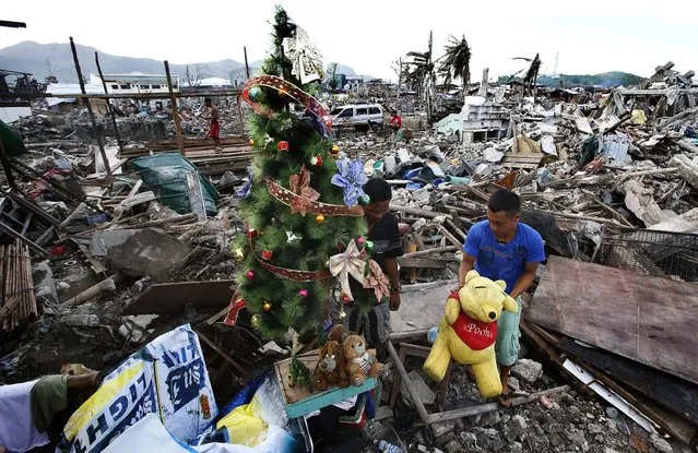 A typhoon survivor decorates a Christmas tree amidst the rubble of destroyed houses in Tacloban, Philippines, on December 17, 2013. Super typhoon Haiyan reduced almost everything in its path to rubble when it swept ashore in the central Philippines on November 8, killing at least 6,069 people, leaving 1,779 missing and 4 million either homeless or with damaged homes. (Photo by Erik De Castro/Reuters)